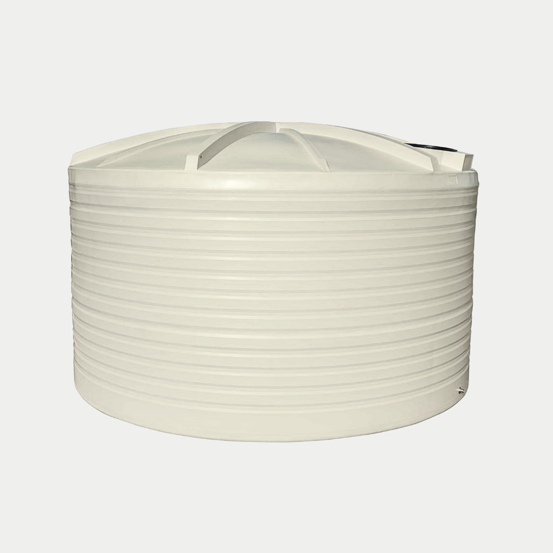 A white rainwater tank with a ribbed exterior and a rounded top.
